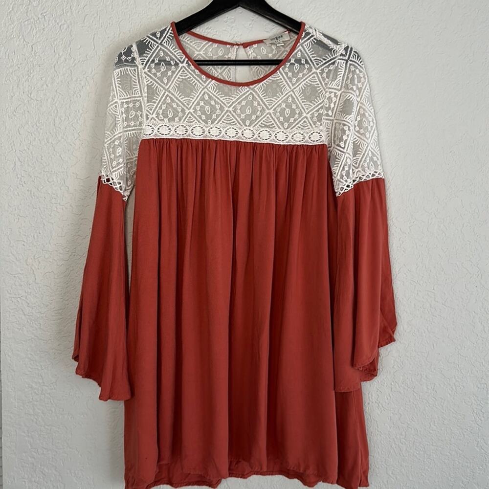 Umgee Rust Orange Lace Babydoll Top Dress Peasant Crochet Cottage Boho Sheer